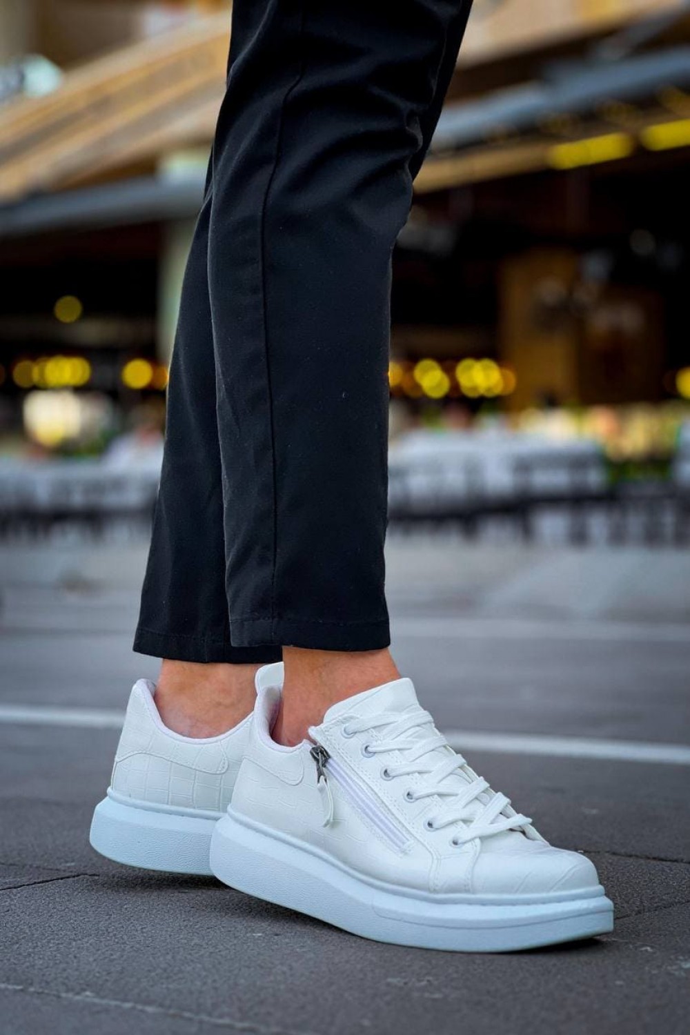 KB309 Erkek Günlük Bağcıklı Fermuarlı Croco Desenli Cilt Spor Sneaker Ayakkabı CBT - Beyaz – Kuback Erkek Ayakkabı
