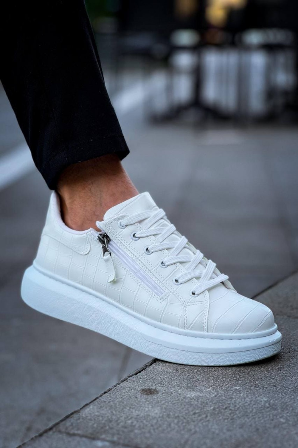 KB309 Erkek Günlük Bağcıklı Fermuarlı Croco Desenli Cilt Spor Sneaker Ayakkabı CBT - Beyaz – Kuback Erkek Ayakkabı