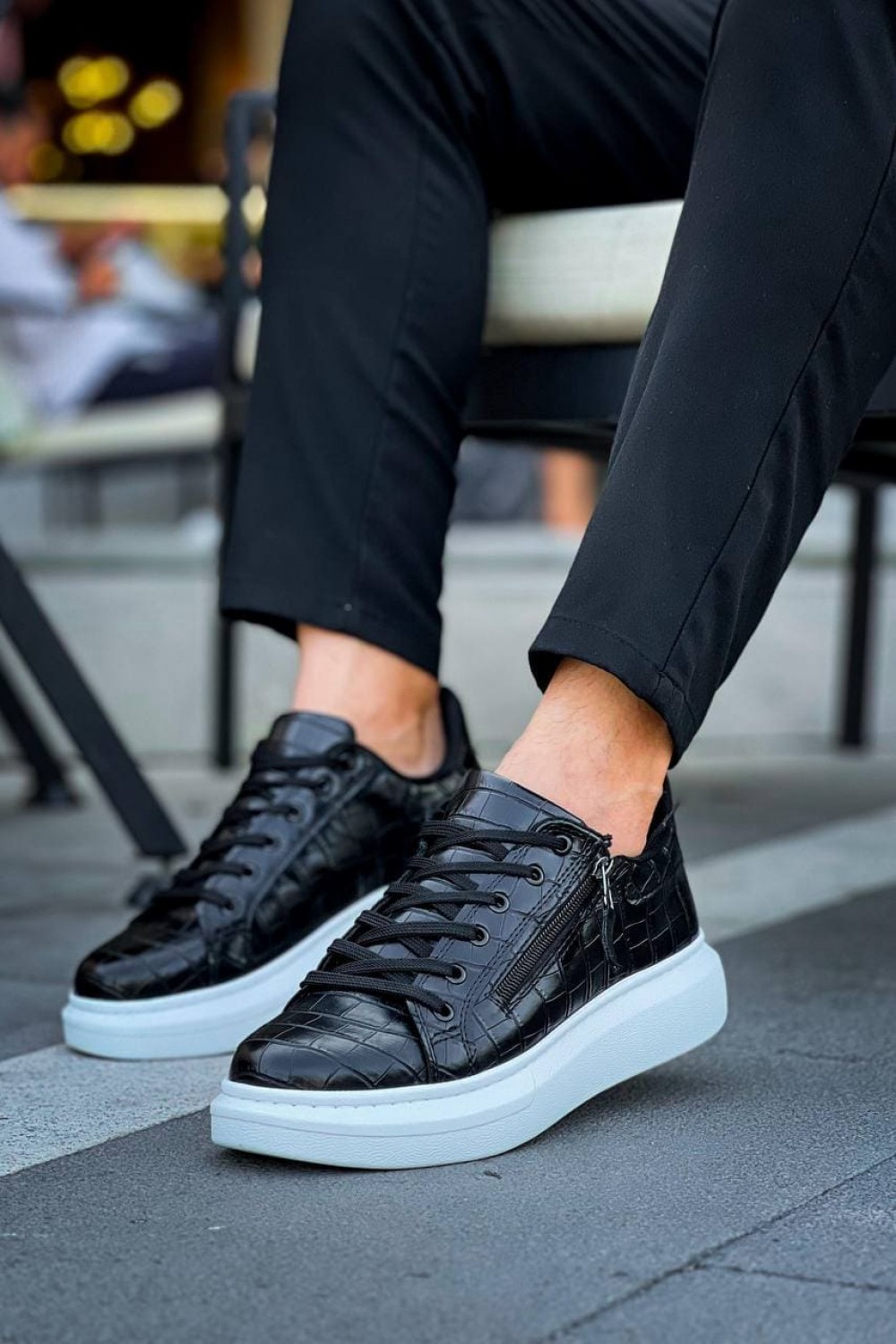 KB309 Erkek Günlük Bağcıklı Fermuarlı Croco Desenli Cilt Spor Sneaker Ayakkabı CBT - Siyah – Kuback Erkek Ayakkabı