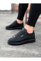 WG01 Erkek Günlük Bağcıklı Düz Desen Cilt Spor Sneaker Ayakkabı CST - Siyah