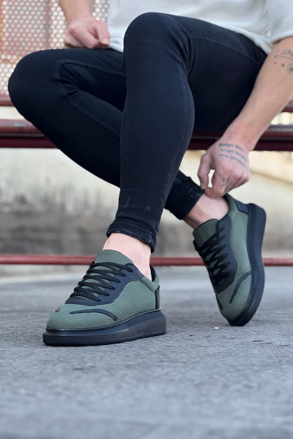 WG019 Erkek Günlük Bağcıklı Triko Cilt Spor Sneaker Ayakkabı TCST - Haki – Wagoon Erkek Ayakkabı