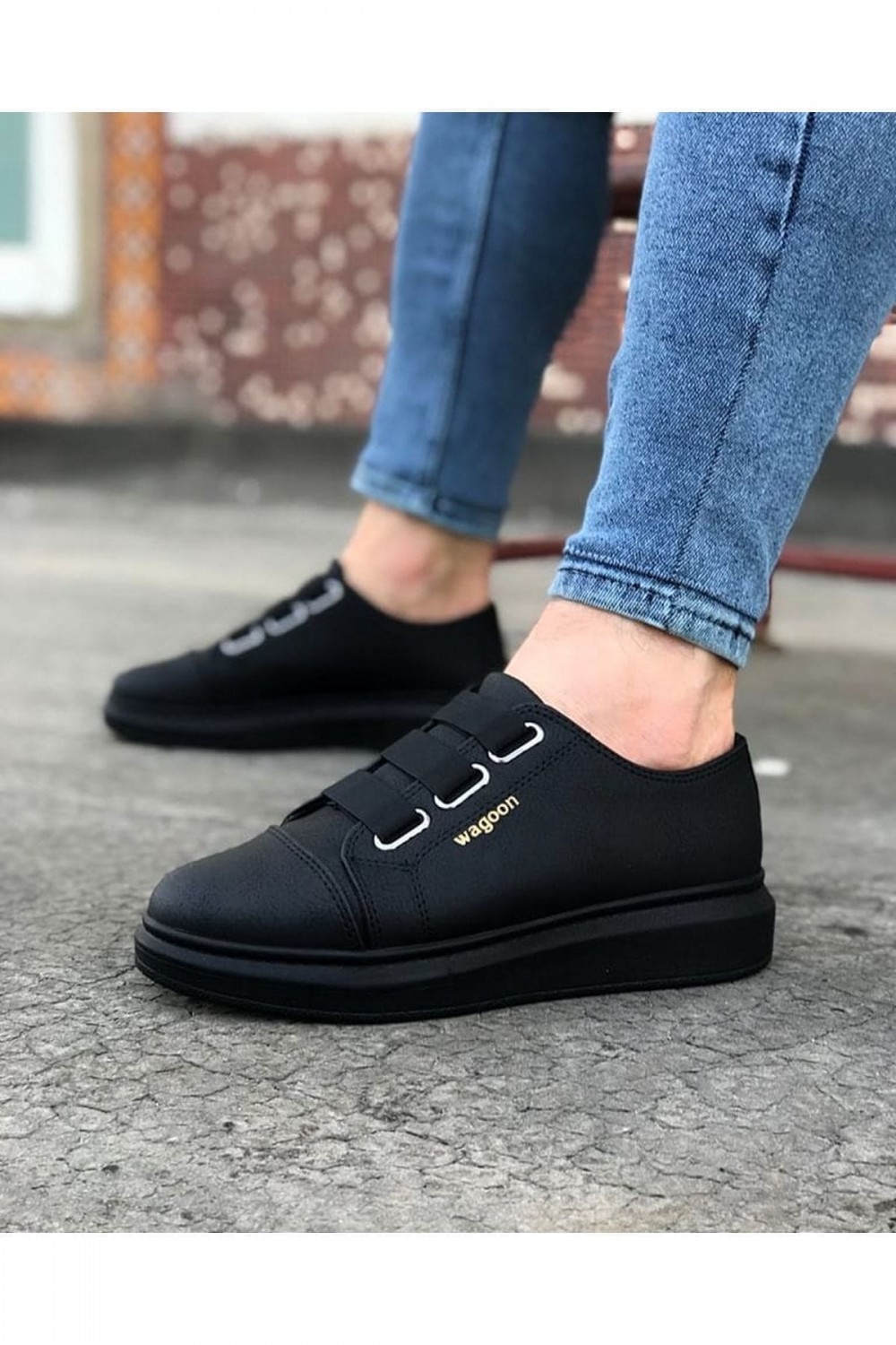 WG026 Erkek Günlük Lastikli Cilt Spor Sneaker Ayakkabı CST - Siyah Erkek Ayakkabı WG026 Erkek Günlük Lastikli Cilt Spor Sneaker Ayakkabı CST - Siyah – Wagoon Erkek Ayakkabı