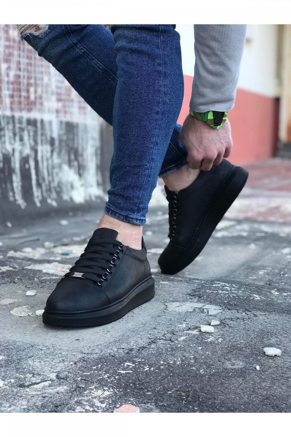 WG08 Erkek Günlük Bağcıklı Cilt Spor Sneaker Ayakkabı CST - Siyah – Wagoon Erkek Ayakkabı