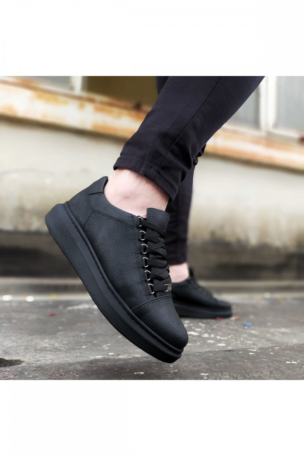 WG08 Erkek Günlük Bağcıklı Cilt Spor Sneaker Ayakkabı CST - Siyah – Wagoon Erkek Ayakkabı