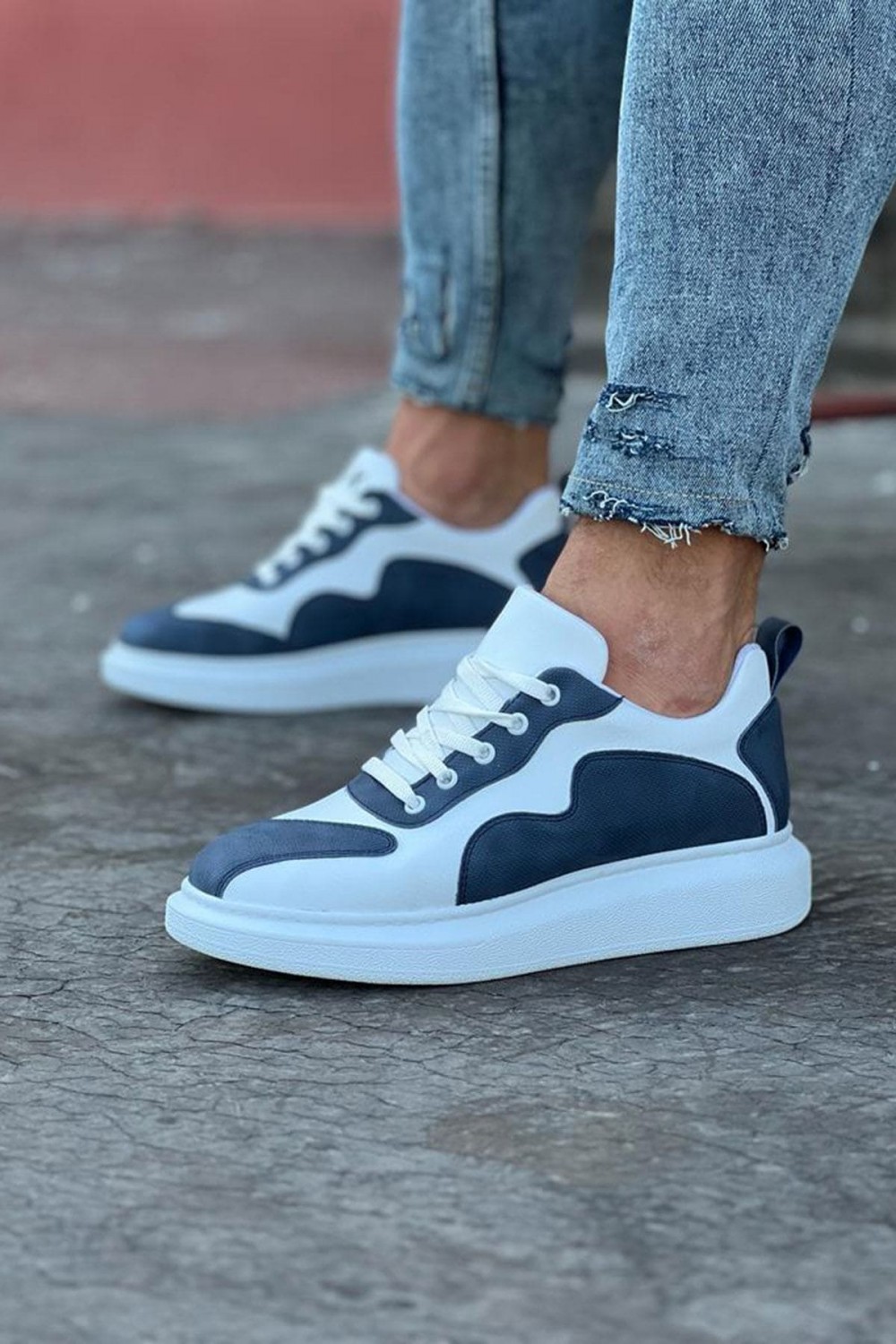 WG301 Erkek Günlük Bağcıklı Cilt Spor Sneaker Ayakkabı CBT - Beyaz/Mavi – Wagoon Erkek Ayakkabı
