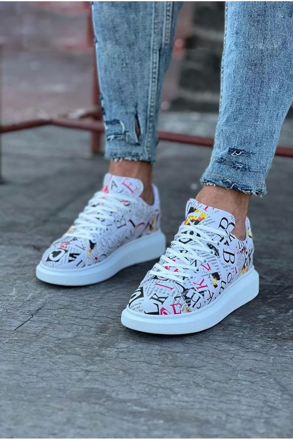 WG501 Erkek Günlük Bağcıklı Dergi Baskılı Cilt Spor Sneaker Ayakkabı CBT - Beyaz – Wagoon Erkek Ayakkabı
