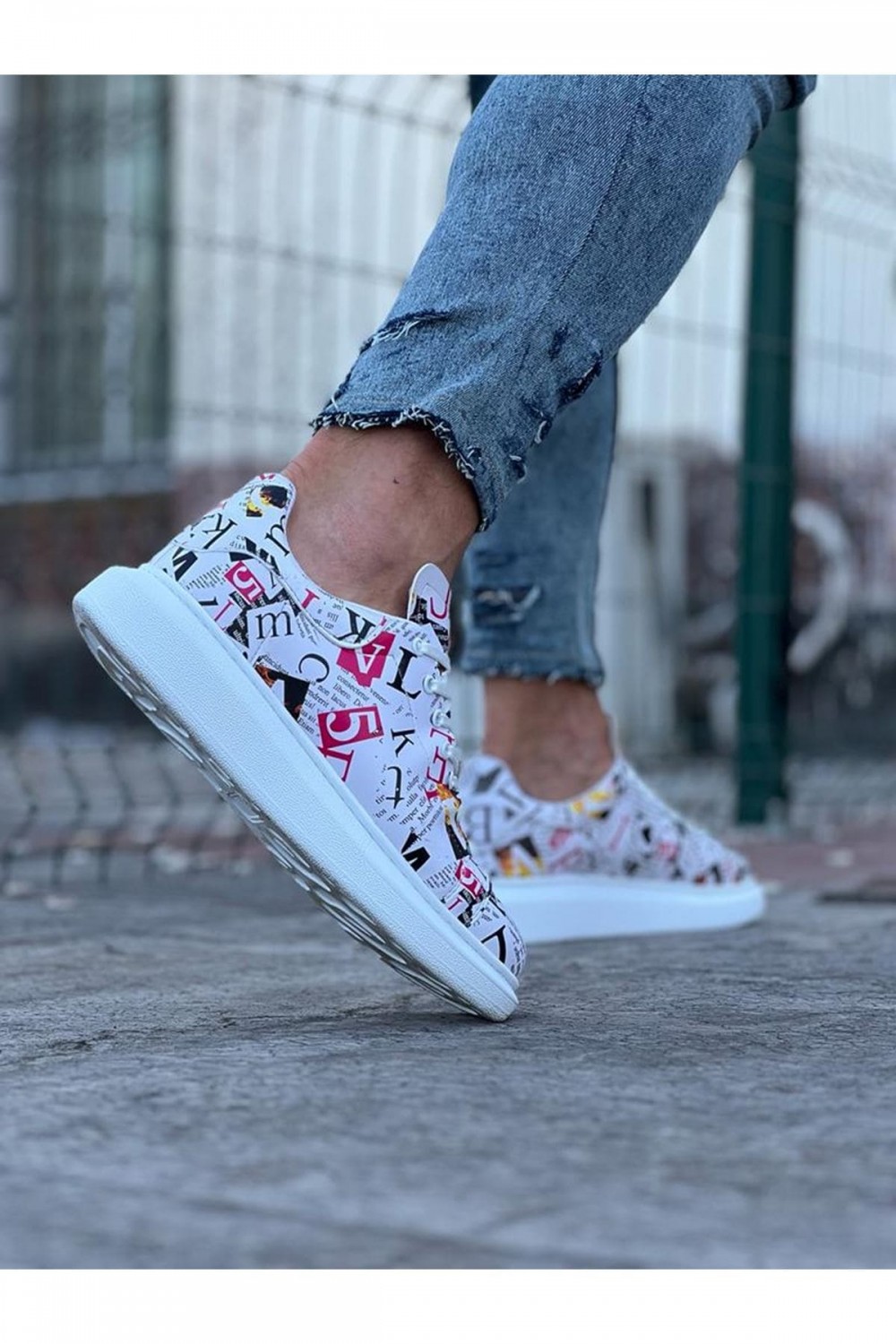 WG501 Erkek Günlük Bağcıklı Dergi Baskılı Cilt Spor Sneaker Ayakkabı CBT - Beyaz – Wagoon Erkek Ayakkabı