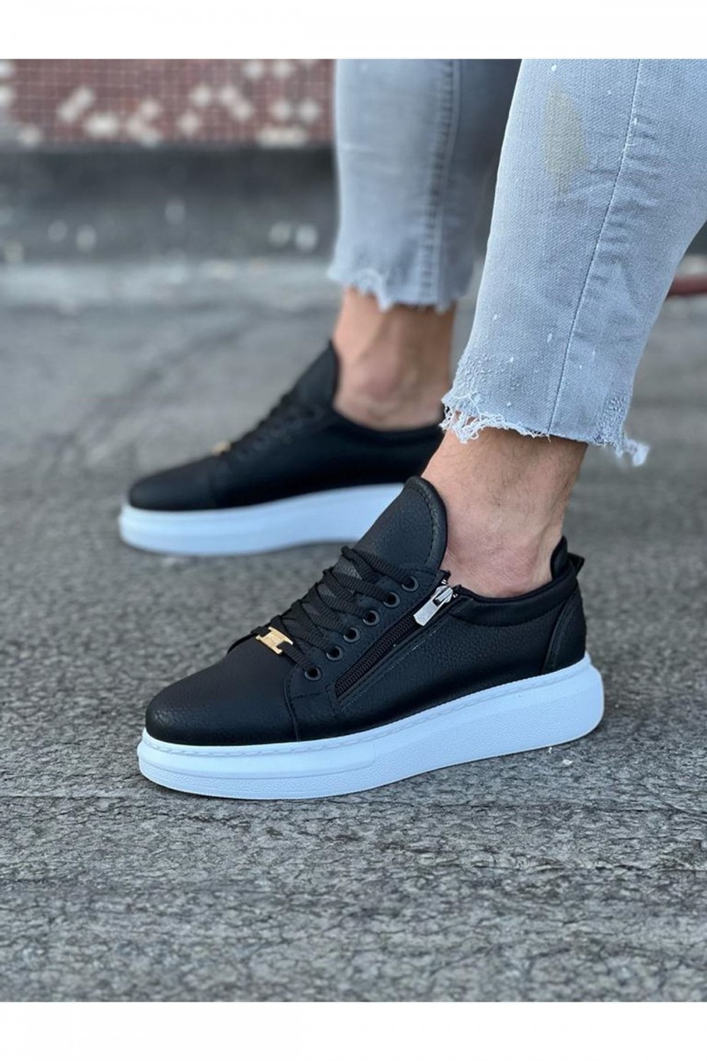 WG504 Erkek Günlük Bağcıklı Fermuarlı Cilt Spor Sneaker Ayakkabı CBT - Siyah – Wagoon Erkek Ayakkabı