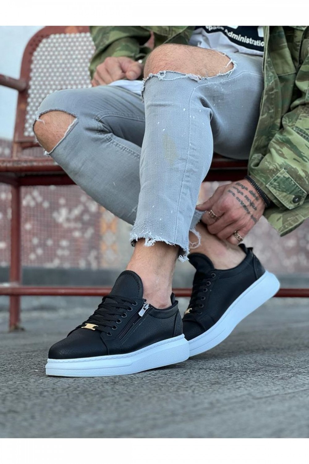 WG504 Erkek Günlük Bağcıklı Fermuarlı Cilt Spor Sneaker Ayakkabı CBT - Siyah – Wagoon Erkek Ayakkabı
