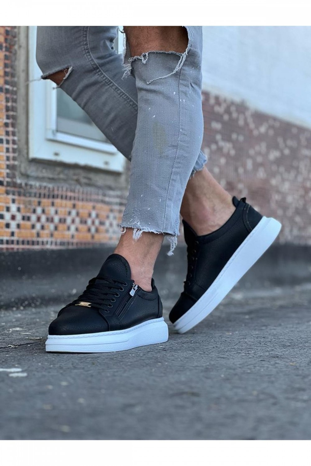 WG504 Erkek Günlük Bağcıklı Fermuarlı Cilt Spor Sneaker Ayakkabı CBT - Siyah – Wagoon Erkek Ayakkabı