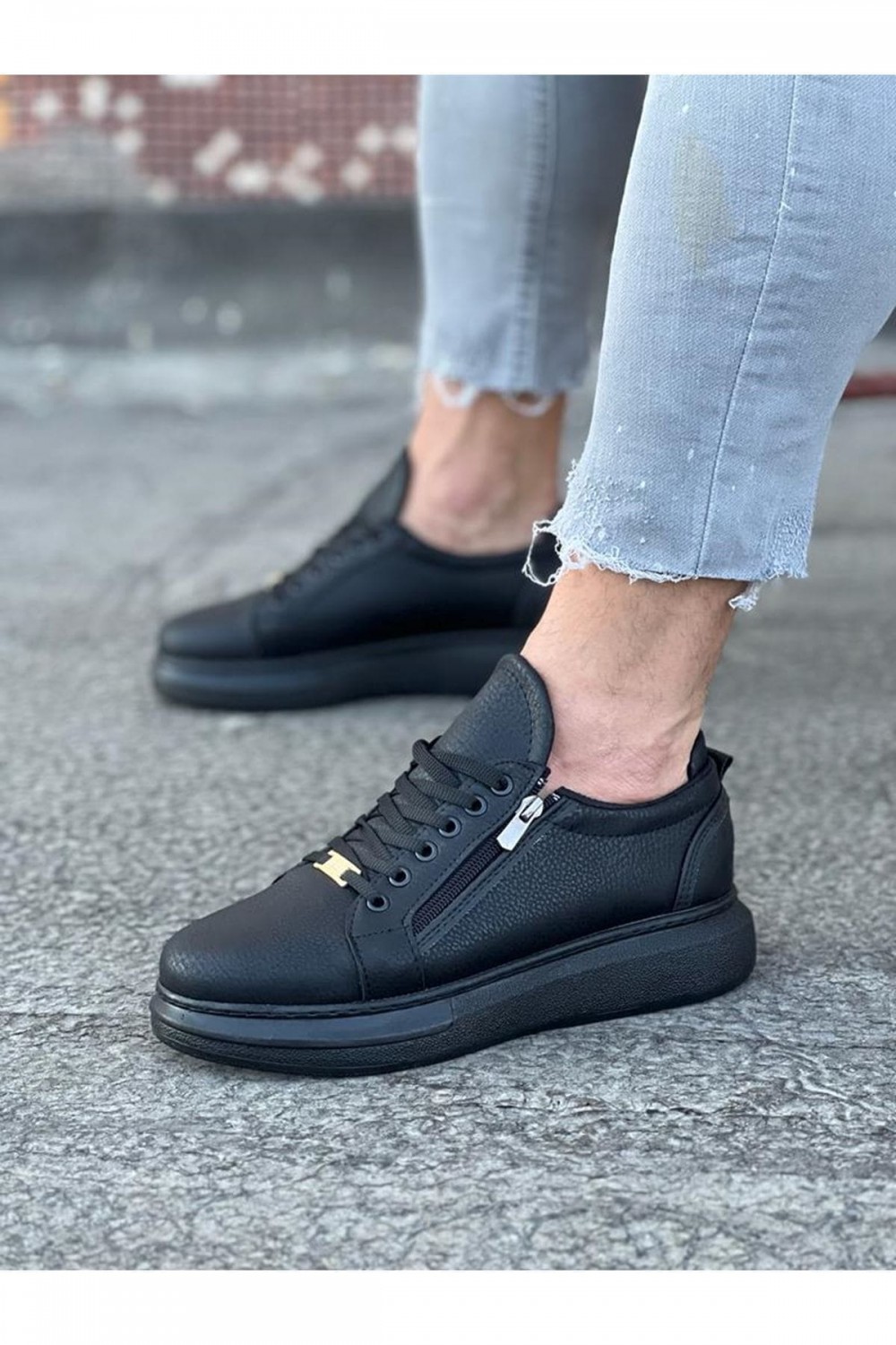 WG504 Erkek Günlük Bağcıklı Fermuarlı Cilt Spor Sneaker Ayakkabı CST - Siyah – Wagoon Erkek Ayakkabı