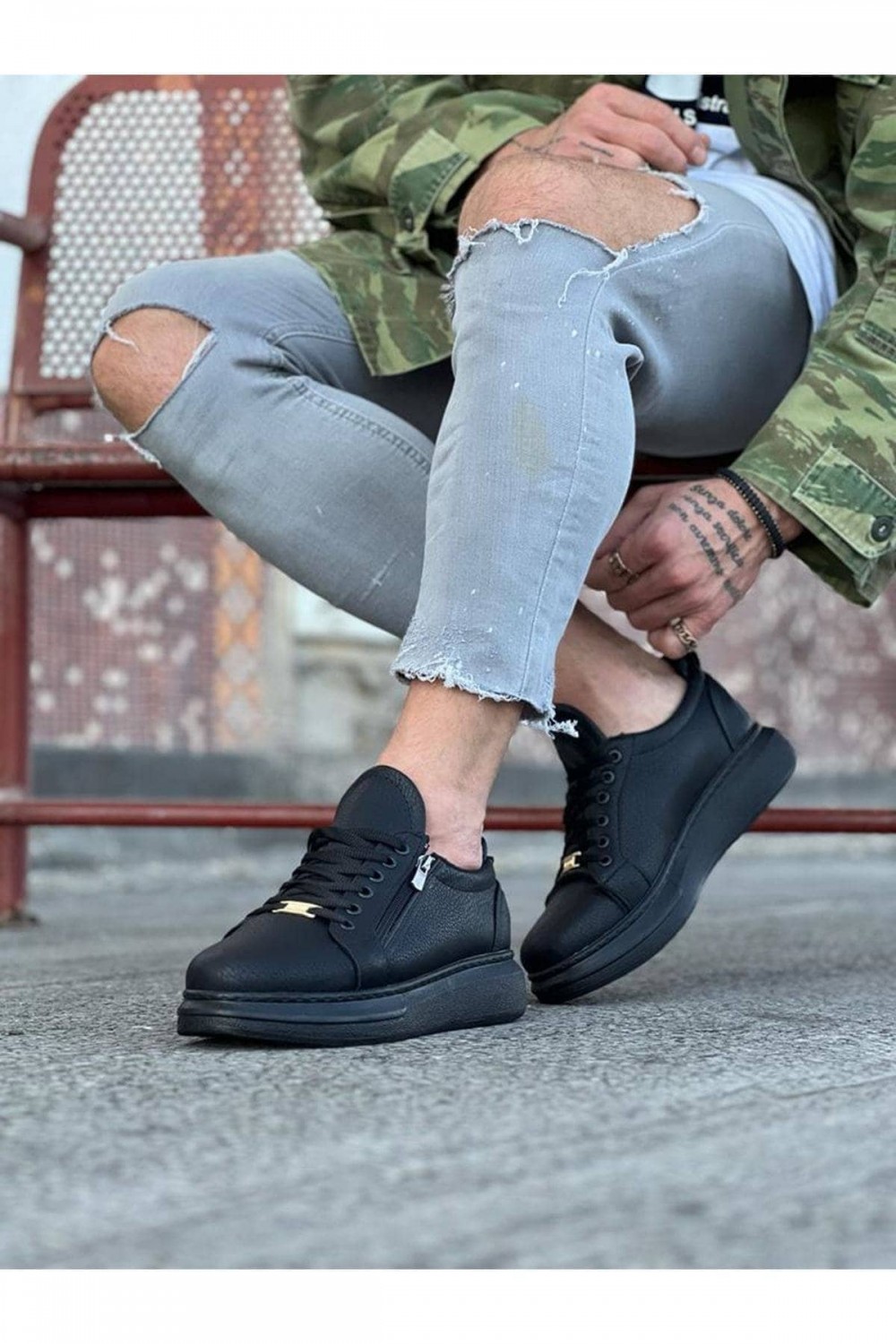 WG504 Erkek Günlük Bağcıklı Fermuarlı Cilt Spor Sneaker Ayakkabı CST - Siyah – Wagoon Erkek Ayakkabı