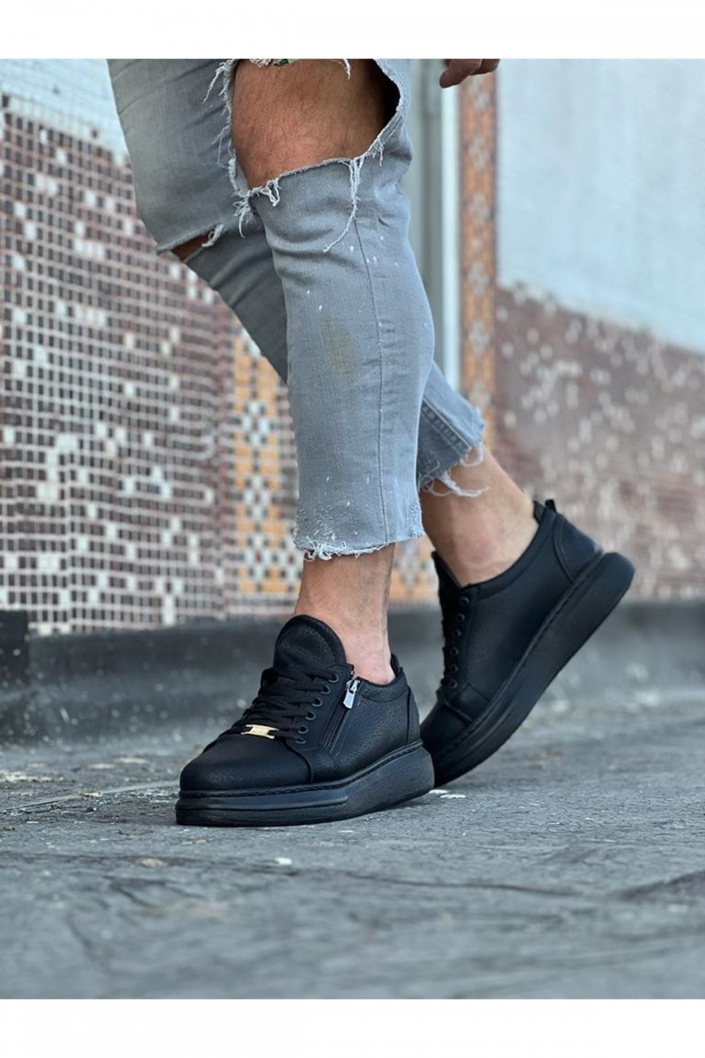 WG504 Erkek Günlük Bağcıklı Fermuarlı Cilt Spor Sneaker Ayakkabı CST - Siyah – Wagoon Erkek Ayakkabı